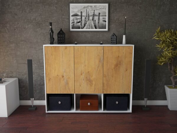 Highboard - Mea - Design Holzdekor - Freistehend mit Push to Open 136 cm Weiss - Front Treibholz  Bestellnummer:1030202251