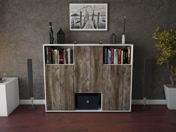 Highboard - Momo - Design Holzdekor - Freistehend mit Push to Open 136 cm Weiss - Front Walnuss  Bestellnummer:1030203574