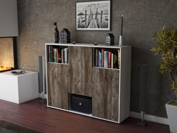 Highboard - Momo - Design Holzdekor - Freistehend mit Push to Open 136 cm Weiss - Front Pinie  Bestellnummer:1030203575