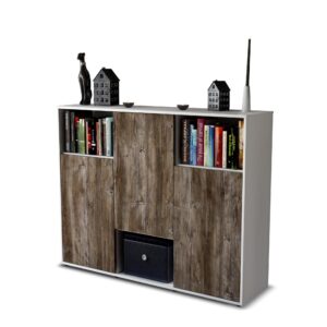 Highboard - Momo - Design Holzdekor - Freistehend mit Push to Open 136 cm Weiss - Front Treibholz  Bestellnummer:1030203577