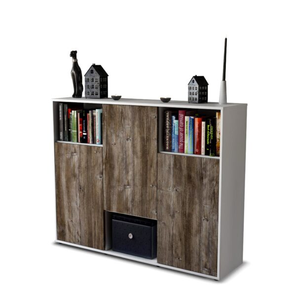 Highboard - Momo - Design Holzdekor - Freistehend mit Push to Open 136 cm Weiss - Front Treibholz  Bestellnummer:1030203577