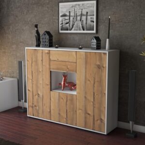 Highboard - Penelope - Design Holzdekor - Freistehend mit Push to Open 136 cm Weiss - Front Eiche  Bestellnummer:1030207449