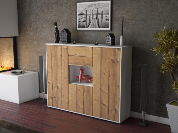 Highboard - Penelope - Design Holzdekor - Freistehend mit Push to Open 136 cm Weiss - Front Eiche  Bestellnummer:1030207449