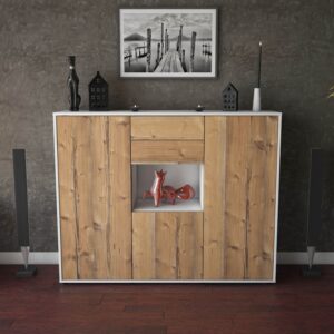 Highboard - Penelope - Design Holzdekor - Freistehend mit Push to Open 136 cm Weiss - Front Walnuss  Bestellnummer:1030207450