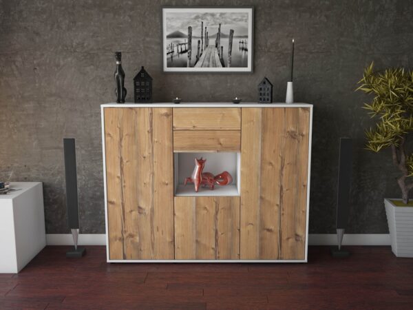 Highboard - Penelope - Design Holzdekor - Freistehend mit Push to Open 136 cm Weiss - Front Walnuss  Bestellnummer:1030207450