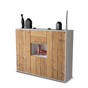 Highboard - Penelope - Design Holzdekor - Freistehend mit Push to Open 136 cm Weiss - Front Pinie  Bestellnummer:1030207451