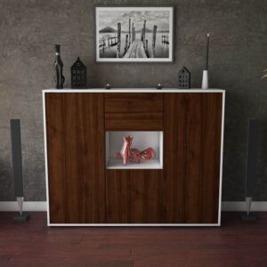 Highboard - Penelope - Design Holzdekor - Freistehend mit Push to Open 136 cm Weiss - Front Treibholz  Bestellnummer:1030207453