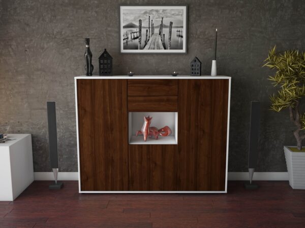 Highboard - Penelope - Design Holzdekor - Freistehend mit Push to Open 136 cm Weiss - Front Treibholz  Bestellnummer:1030207453