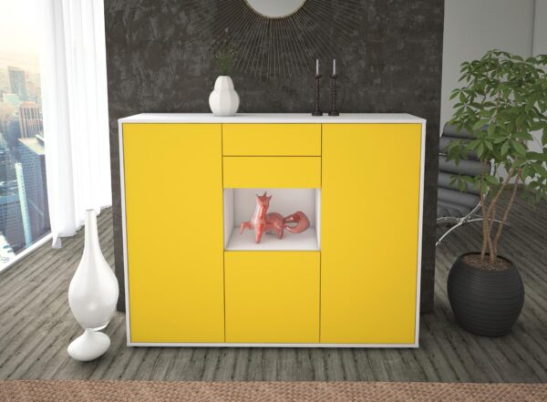 Highboard - Penelope - Design Farbakzent - Freistehend mit Push to Open 136 cm Weiss - Front Rot  Bestellnummer:1030207463