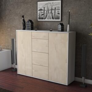 Highboard - Prospera - Design Holzdekor - Freistehend mit Push to Open 136 cm Weiss - Front Pinie  Bestellnummer:1030208063