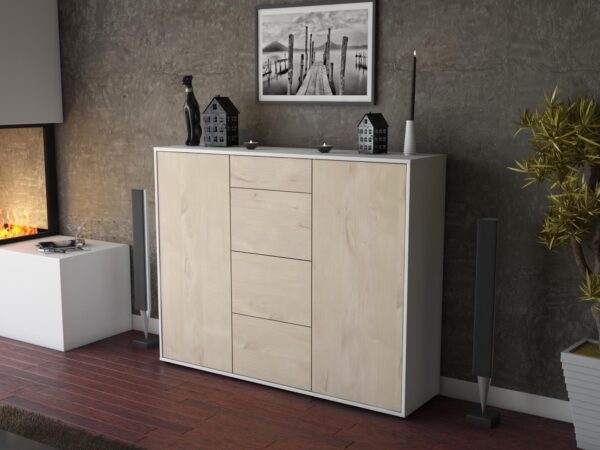 Highboard - Prospera - Design Holzdekor - Freistehend mit Push to Open 136 cm Weiss - Front Pinie  Bestellnummer:1030208063