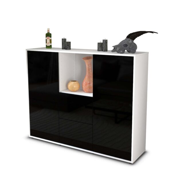 Highboard - Rabea - Design Hochglanz - Freistehend mit Push to Open 136 cm Weiss - Front Schwarz  Bestellnummer:1030208373