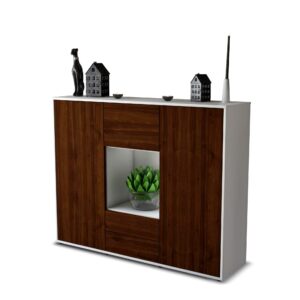 Highboard - Rella - Design Holzdekor - Freistehend mit Push to Open 136 cm Weiss - Front Eiche  Bestellnummer:1030209081