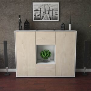 Highboard - Rella - Design Holzdekor - Freistehend mit Push to Open 136 cm Weiss - Front Walnuss  Bestellnummer:1030209082