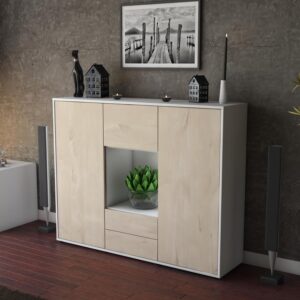 Highboard - Rella - Design Holzdekor - Freistehend mit Push to Open 136 cm Weiss - Front Pinie  Bestellnummer:1030209083