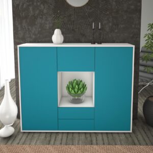 Highboard - Rella - Design Farbakzent - Freistehend mit Push to Open 136 cm Weiss - Front Gelb  Bestellnummer:1030209092