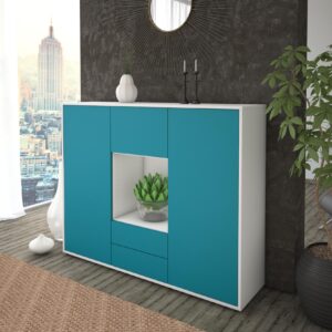 Highboard - Rella - Design Farbakzent - Freistehend mit Push to Open 136 cm Weiss - Front Lila  Bestellnummer:1030209093