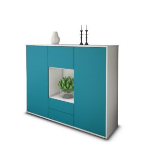 Highboard - Rella - Design Farbakzent - Freistehend mit Push to Open 136 cm Weiss - Front T?rkis  Bestellnummer:1030209094