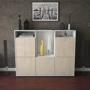 Highboard - Sarina - Design Holzdekor - Freistehend mit Push to Open 136 cm Weiss - Front Walnuss  Bestellnummer:1030211938