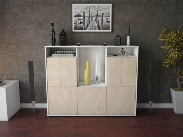 Highboard - Sarina - Design Holzdekor - Freistehend mit Push to Open 136 cm Weiss - Front Walnuss  Bestellnummer:1030211938