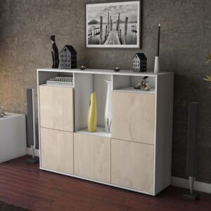 Highboard - Sarina - Design Holzdekor - Freistehend mit Push to Open 136 cm Weiss - Front Pinie  Bestellnummer:1030211939