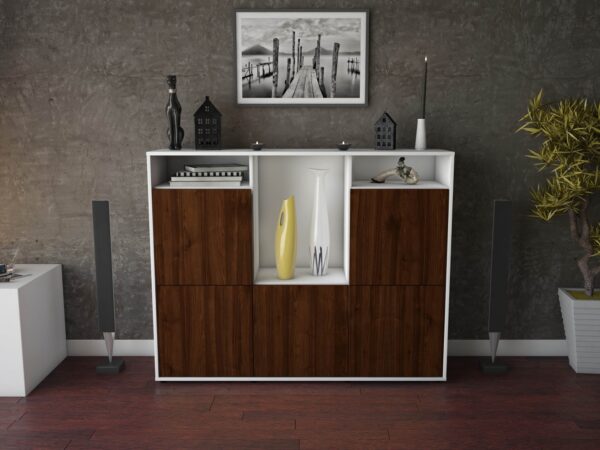 Highboard - Sarina - Design Holzdekor - Freistehend mit Push to Open 136 cm Weiss - Front Treibholz  Bestellnummer:1030211941