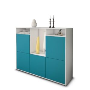 Highboard - Sarina - Design Farbakzent - Freistehend mit Push to Open 136 cm Weiss - Front T?rkis  Bestellnummer:1030211950