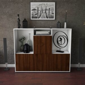 Highboard - Saskia - Design Holzdekor - Freistehend mit Push to Open 136 cm Weiss - Front Eiche  Bestellnummer:1030212039