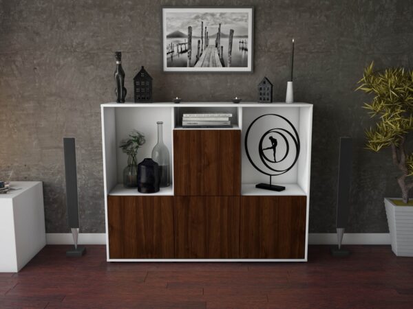 Highboard - Saskia - Design Holzdekor - Freistehend mit Push to Open 136 cm Weiss - Front Eiche  Bestellnummer:1030212039