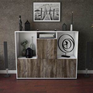 Highboard - Saskia - Design Holzdekor - Freistehend mit Push to Open 136 cm Weiss - Front Walnuss  Bestellnummer:1030212040