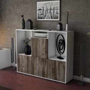 Highboard - Saskia - Design Holzdekor - Freistehend mit Push to Open 136 cm Weiss - Front Pinie  Bestellnummer:1030212041