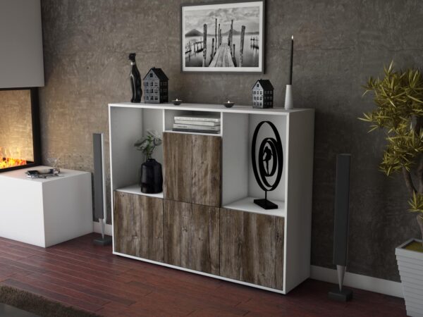 Highboard - Saskia - Design Holzdekor - Freistehend mit Push to Open 136 cm Weiss - Front Pinie  Bestellnummer:1030212041