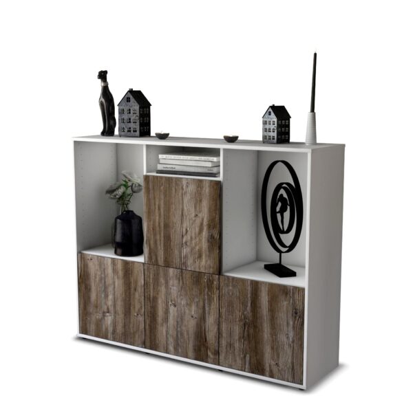 Highboard - Saskia - Design Holzdekor - Freistehend mit Push to Open 136 cm Weiss - Front Treibholz  Bestellnummer:1030212043