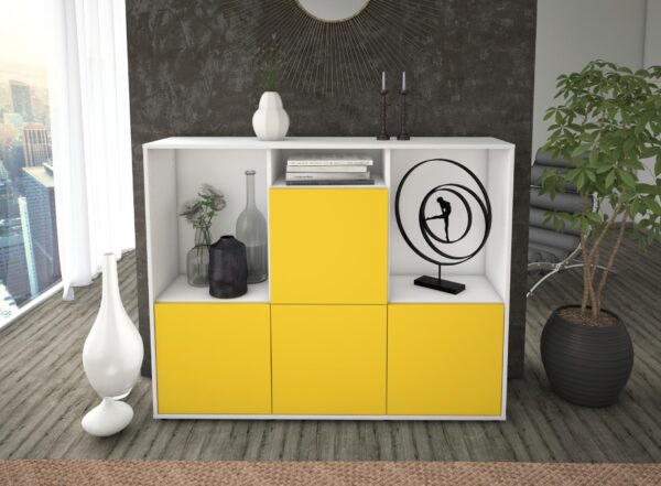 Highboard - Saskia - Design Farbakzent - Freistehend mit Push to Open 136 cm Weiss - Front Mint  Bestellnummer:1030212049