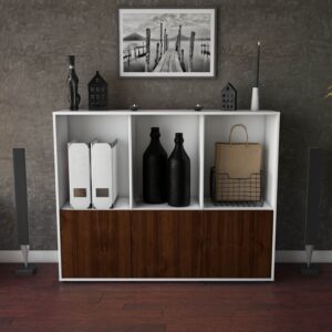 Highboard - Seraphine - Design Holzdekor - Freistehend mit Push to Open 136 cm Weiss - Front Eiche  Bestellnummer:1030212549