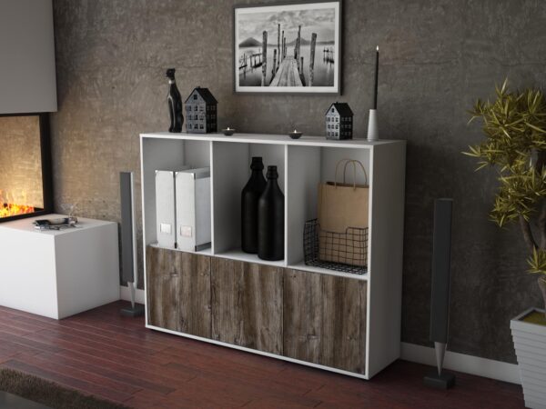 Highboard - Seraphine - Design Holzdekor - Freistehend mit Push to Open 136 cm Weiss - Front Pinie  Bestellnummer:1030212551