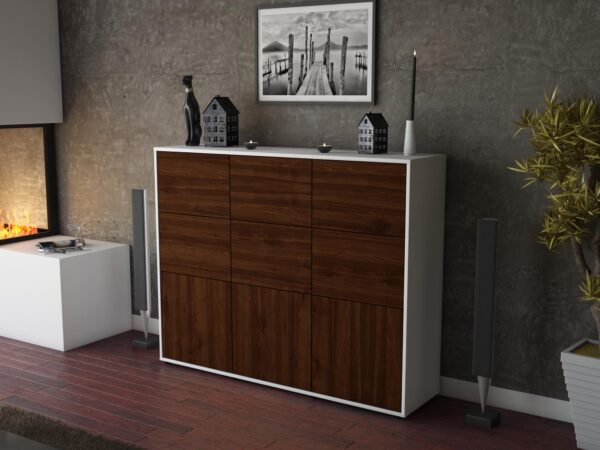 Highboard - Silvana - Design Holzdekor - Freistehend mit Push to Open 136 cm Weiss - Front Pinie  Bestellnummer:1030212857