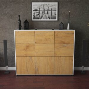 Highboard - Silvana - Design Holzdekor - Freistehend mit Push to Open 136 cm Weiss - Front Treibholz  Bestellnummer:1030212859