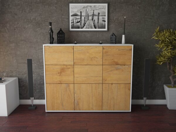 Highboard - Silvana - Design Holzdekor - Freistehend mit Push to Open 136 cm Weiss - Front Treibholz  Bestellnummer:1030212859