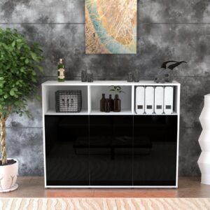 Highboard - Sina - Design Hochglanz - Freistehend mit Push to Open 136 cm Weiss - Front Orange  Bestellnummer:1030213166