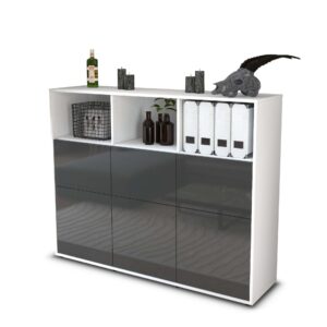 Highboard - Sina - Design Hochglanz - Freistehend mit Push to Open 136 cm Weiss - Front Grau  Bestellnummer:1030213170