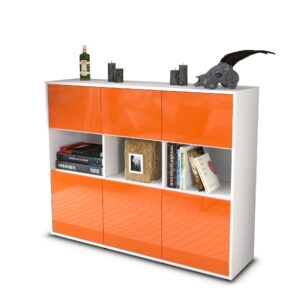 Highboard - Sira - Design Hochglanz - Freistehend mit Push to Open 136 cm Weiss - Front Orange  Bestellnummer:1030213268