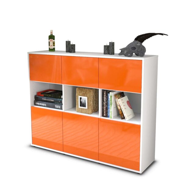 Highboard - Sira - Design Hochglanz - Freistehend mit Push to Open 136 cm Weiss - Front Orange  Bestellnummer:1030213268