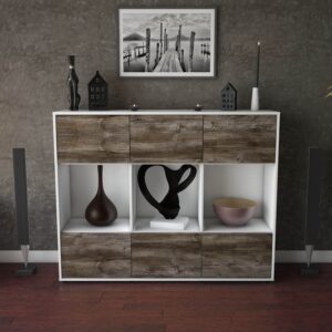 Highboard - Suna - Design Holzdekor - Freistehend mit Push to Open 136 cm Weiss - Front Walnuss  Bestellnummer:1030213672