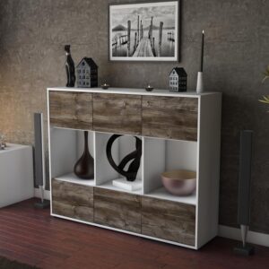 Highboard - Suna - Design Holzdekor - Freistehend mit Push to Open 136 cm Weiss - Front Pinie  Bestellnummer:1030213673