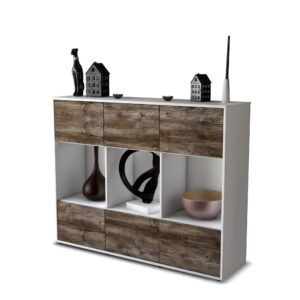 Highboard - Suna - Design Holzdekor - Freistehend mit Push to Open 136 cm Weiss - Front Treibholz  Bestellnummer:1030213675