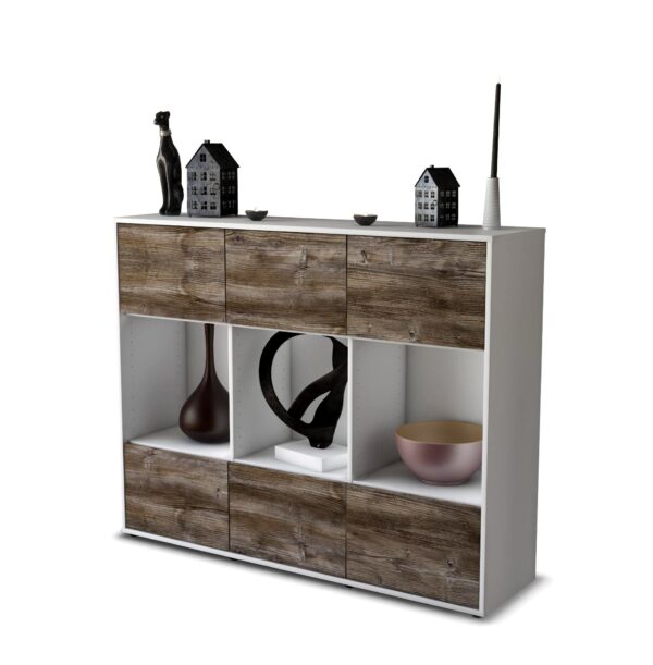 Highboard - Suna - Design Holzdekor - Freistehend mit Push to Open 136 cm Weiss - Front Treibholz  Bestellnummer:1030213675