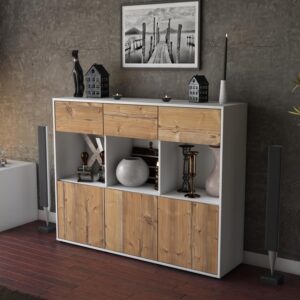 Highboard - Tessa - Design Holzdekor - Freistehend mit Push to Open 136 cm Weiss - Front Eiche  Bestellnummer:1030214589