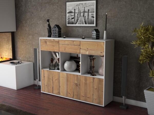 Highboard - Tessa - Design Holzdekor - Freistehend mit Push to Open 136 cm Weiss - Front Eiche  Bestellnummer:1030214589