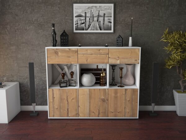 Highboard - Tessa - Design Holzdekor - Freistehend mit Push to Open 136 cm Weiss - Front Walnuss  Bestellnummer:1030214590